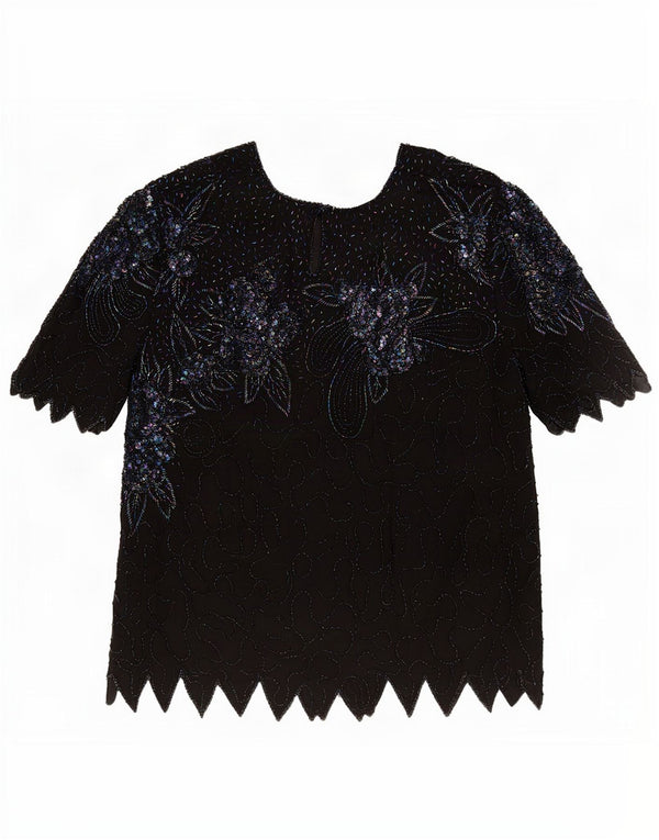 Damska bluzka wieczorowa w stylu vintage, UK 18 XL, czarny kwiatowy jedwab