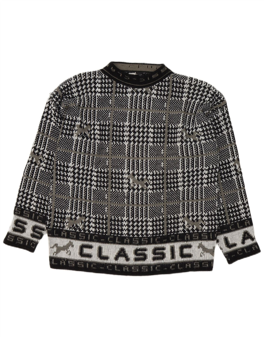 Męski sweter w stylu vintage z graficznym wycięciem pod szyją, dużą czarną kratką