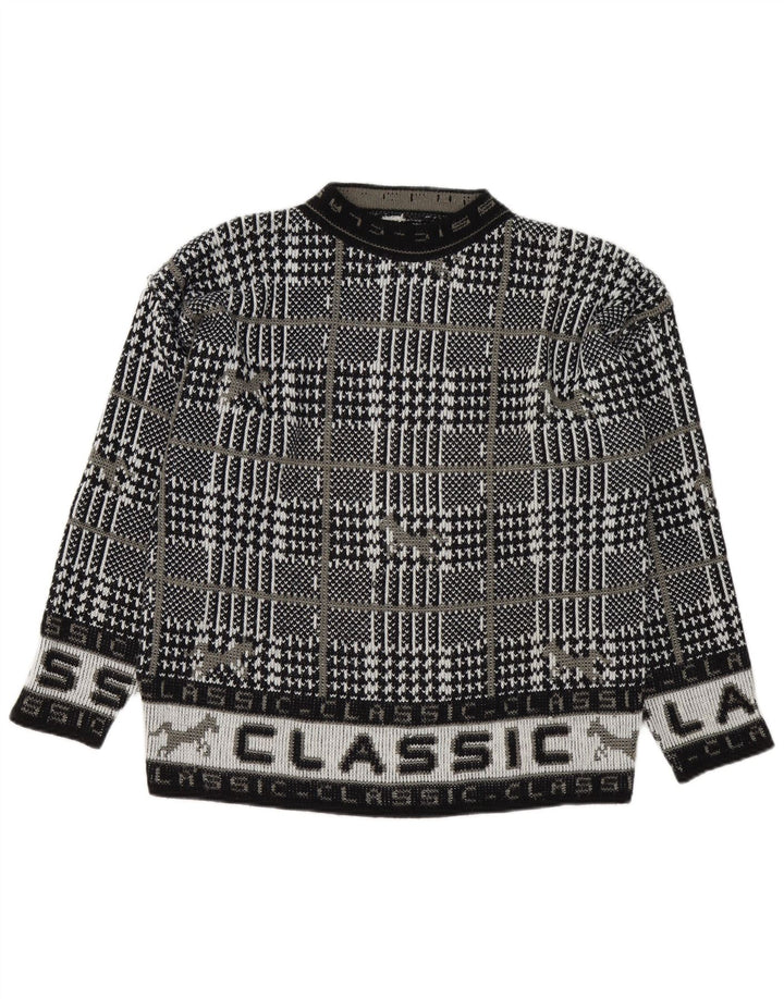 Męski sweter w stylu vintage z graficznym wycięciem pod szyją, dużą czarną kratką