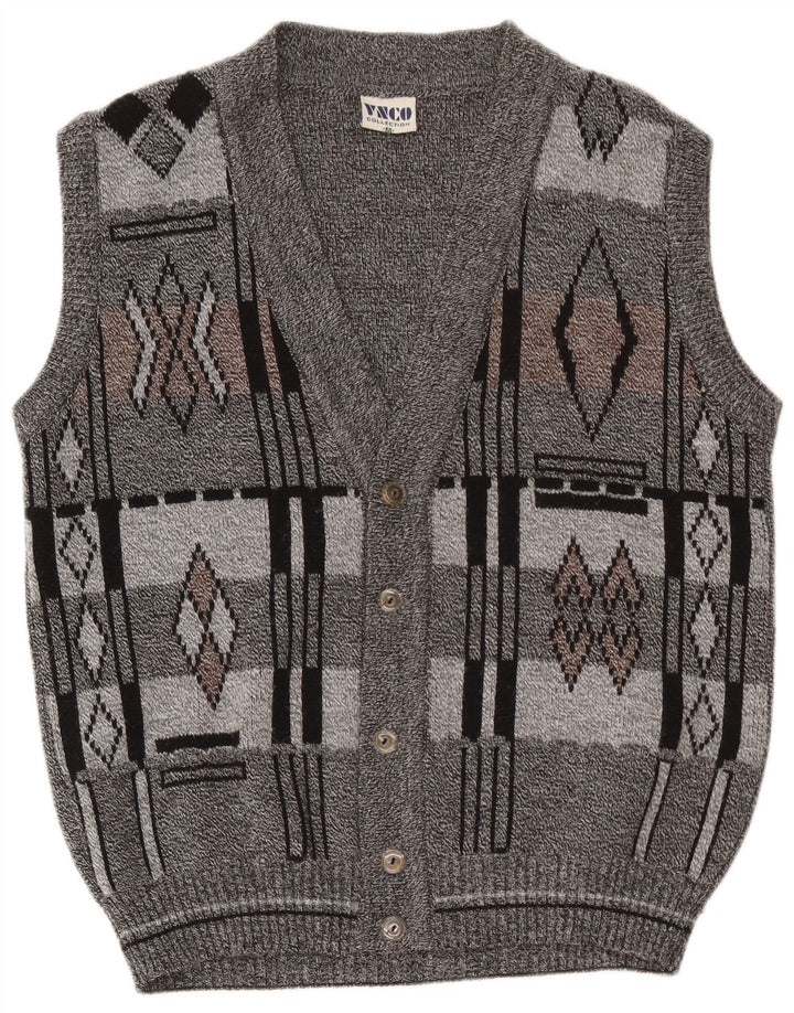Vintage męski sweter bez rękawów, średnio szary, geometryczny akryl