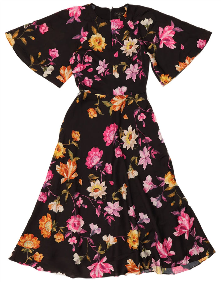 Damska sukienka o linii A Ted Baker, rozmiar 0 2XS, czarna w kwiaty, poliester