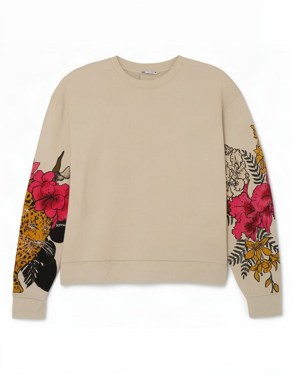 Sweter damski Zara UK 14, średni beż, bawełna w kwiaty