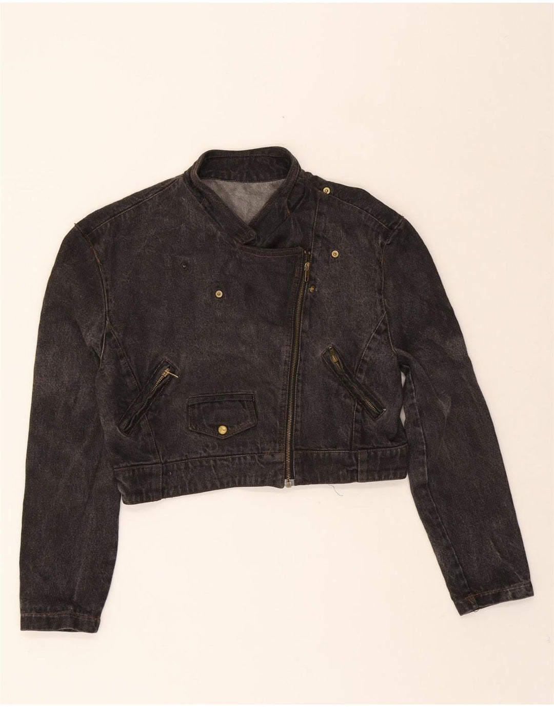 VINTAGE Womens Loose Fit Crop Denim Jacket UK 10 Small Grey Vintage Vintage and Second-Hand Vintage from Messina Hembry 