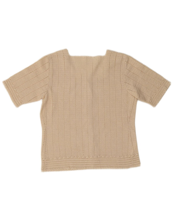 Sweter damski z krótkim rękawem w stylu vintage, UK 10, mały beż
