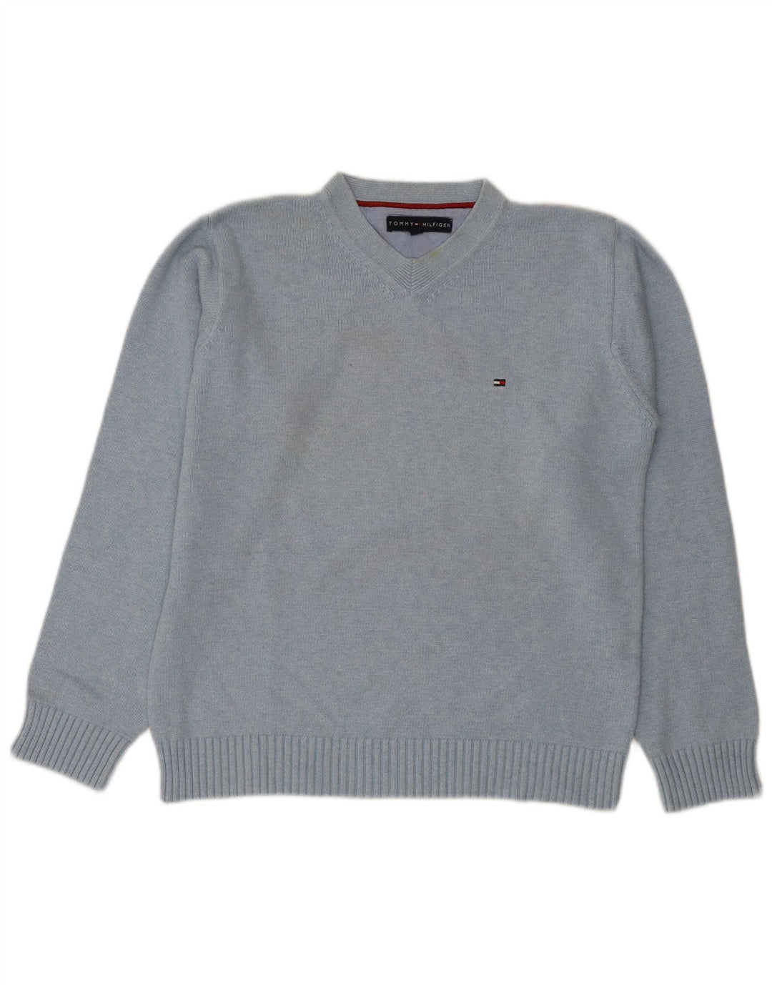 Męski sweter Tommy Hilfiger z dekoltem w kształcie litery V, średnioniebieski, bawełniany