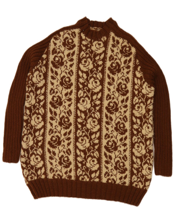 Sweter damski w stylu vintage z okrągłym dekoltem UK 18 XL, brązowy w kwiaty