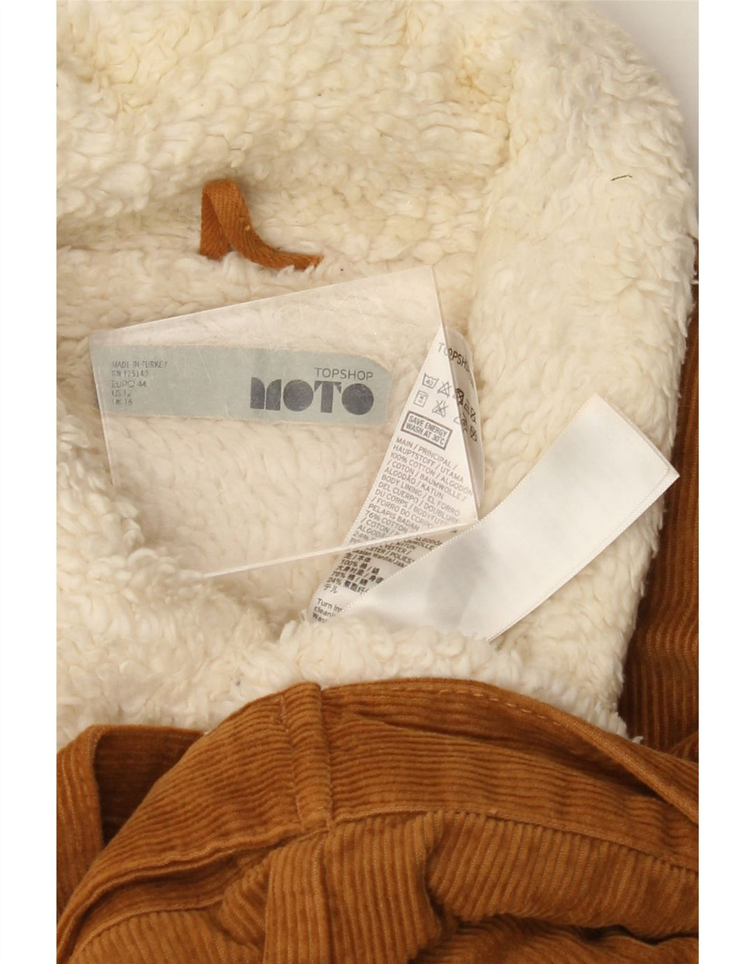 TOPSHOP Damska sztruksowa kurtka Sherpa UK 16, duża, brązowa, bawełniana