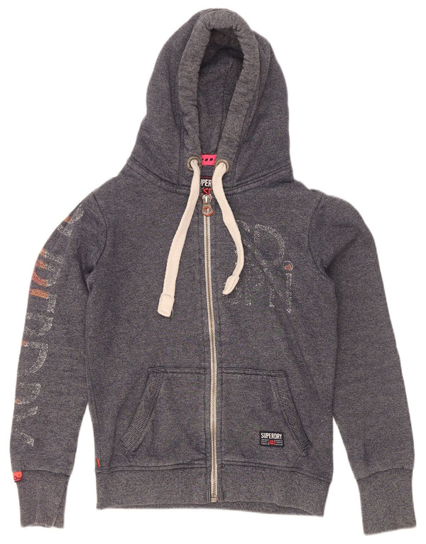 Damski sweter z kapturem Superdry z grafiką i zamkiem błyskawicznym UK 10, mały, szary, bawełniany