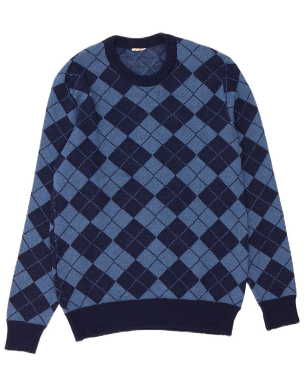 Vintage męski sweter z okrągłym dekoltem, średni granatowy Argyle/diament