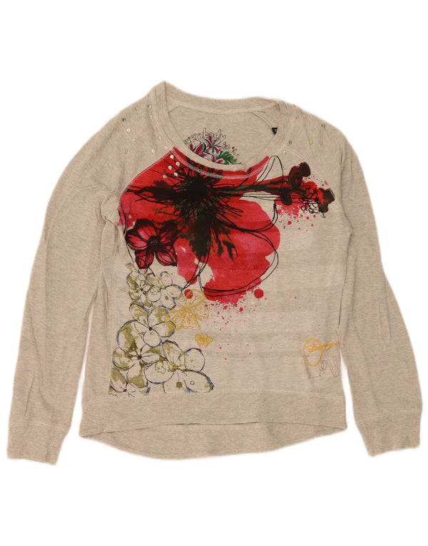 Desigual damski top graficzny z długim rękawem, UK 14, średnioszary, bawełniany w kwiaty
