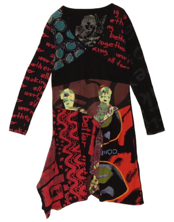 Desigual damska graficzna asymetryczna sukienka UK 18 XL czarna patchworkowa