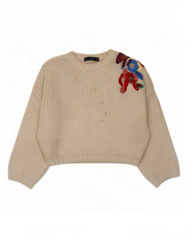 Sweter damski Zara Oversize z okrągłym dekoltem UK 14 w kolorze średniego beżu w kwiaty