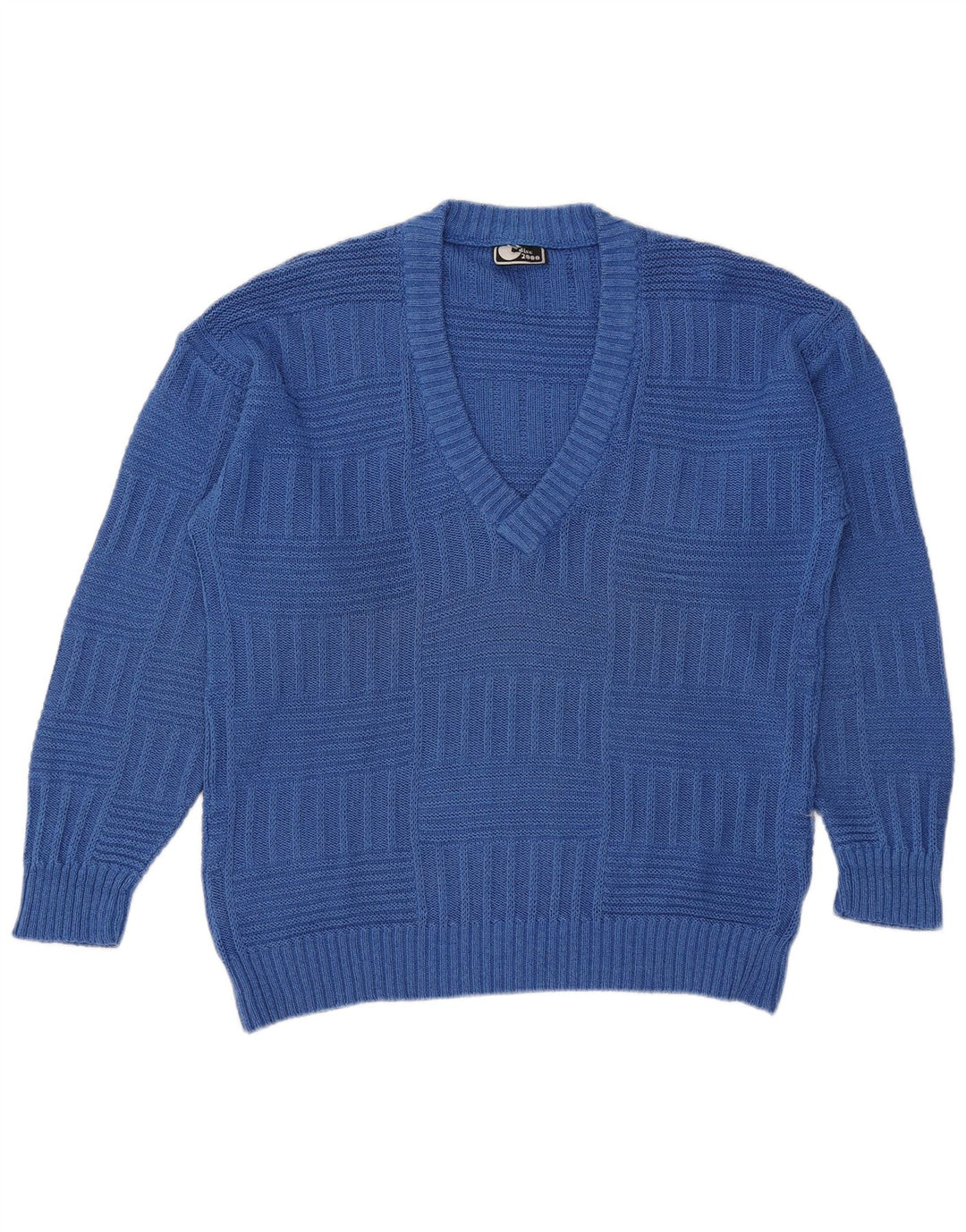 Vintage męski sweter z dekoltem w kształcie litery V, średnioniebieski, bawełniany