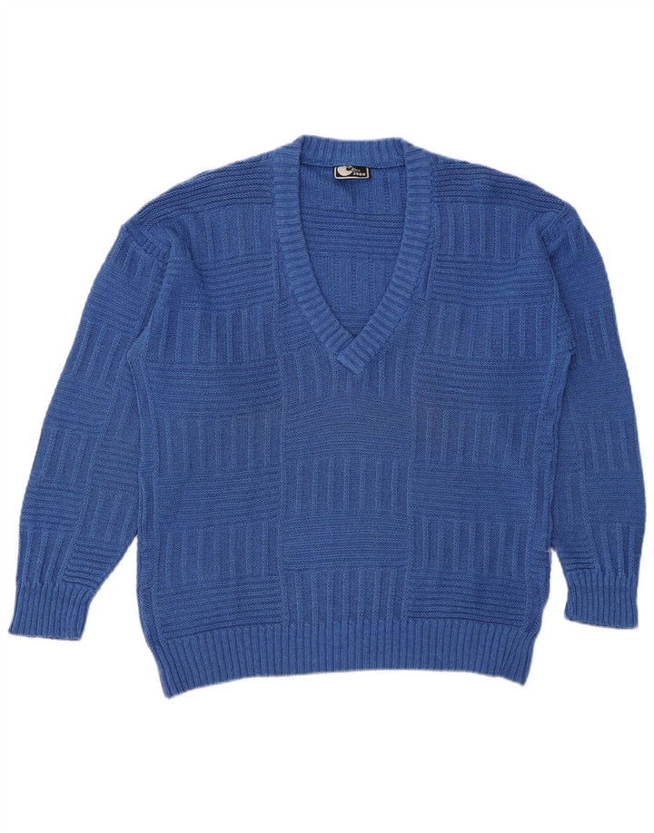 Vintage męski sweter z dekoltem w kształcie litery V, średnioniebieski, bawełniany