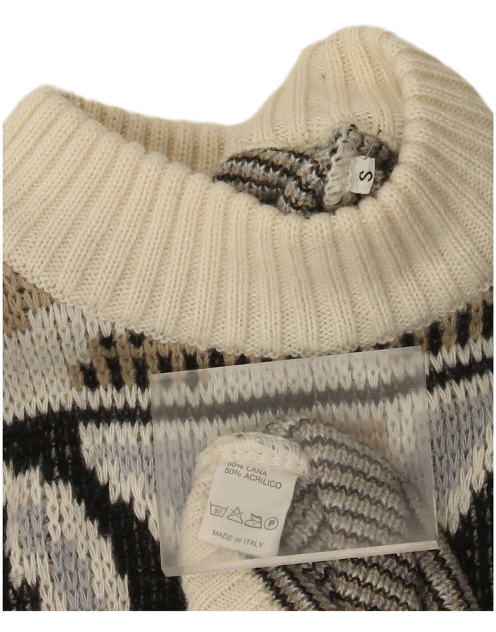 Męski sweter w stylu vintage z mock neck, mały, wielobarwny, geometryczny wełniany