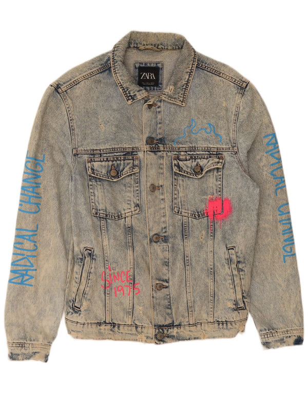 Męska kurtka dżinsowa Zara Graphic UK 40, duża niebieska bawełna