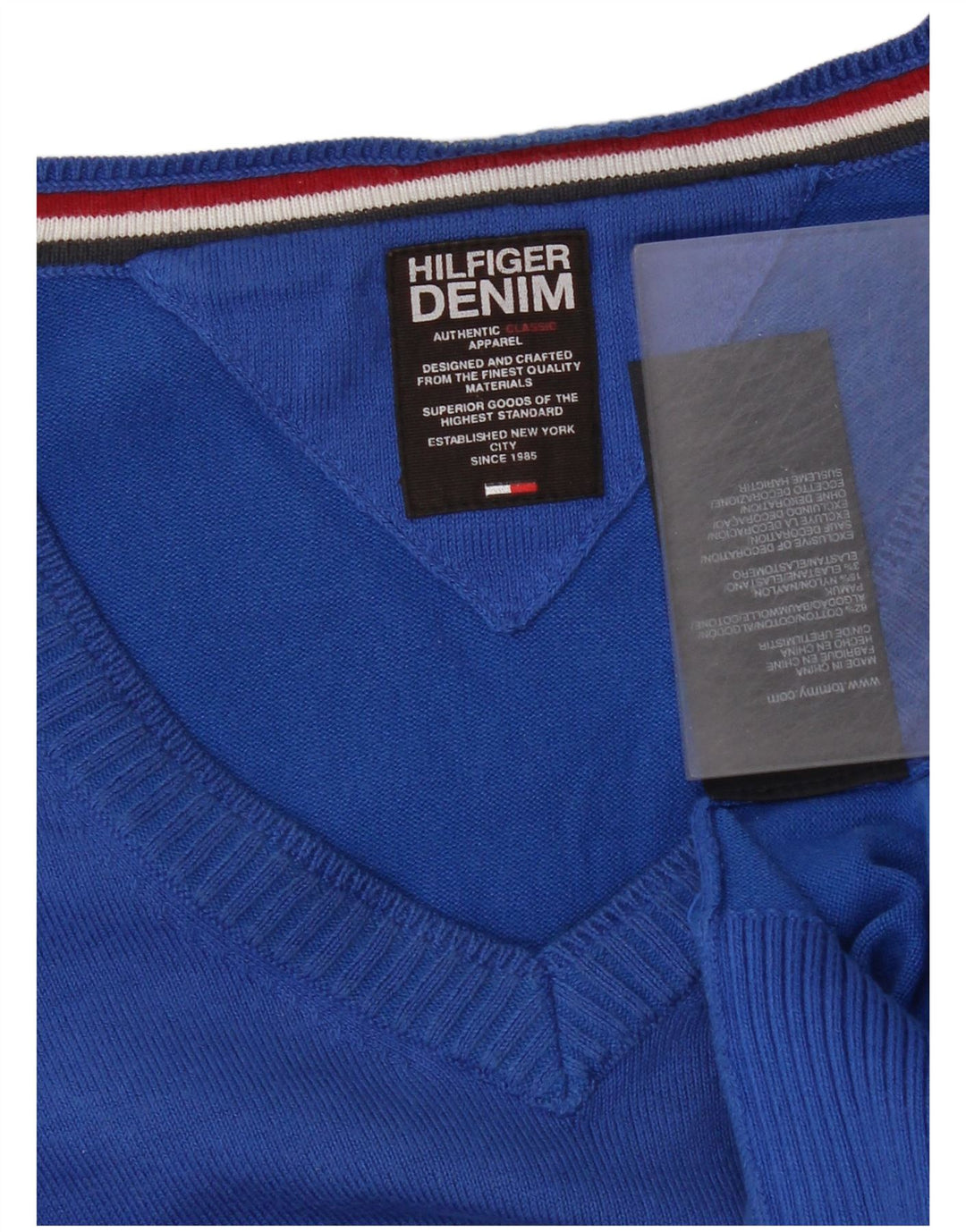 Męski sweter Tommy Hilfiger z dekoltem w kształcie litery V, średnioniebieski, bawełniany