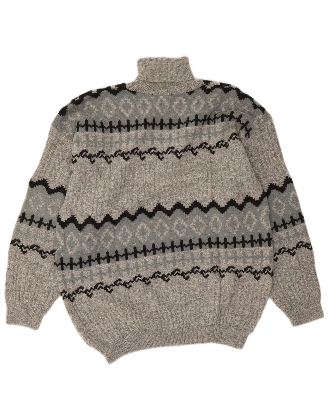 Vintage męski sweter z wywijanym dekoltem, duży, szary, wełna Fair Isle Alpaca