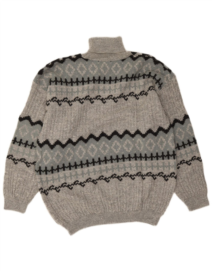 Vintage męski sweter z wywijanym dekoltem, duży, szary, wełna Fair Isle Alpaca