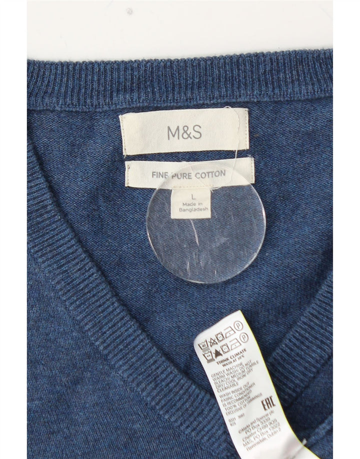 MARKS & SPENCER Męski sweter z dekoltem w kształcie litery V, duży, niebieski, bawełniany