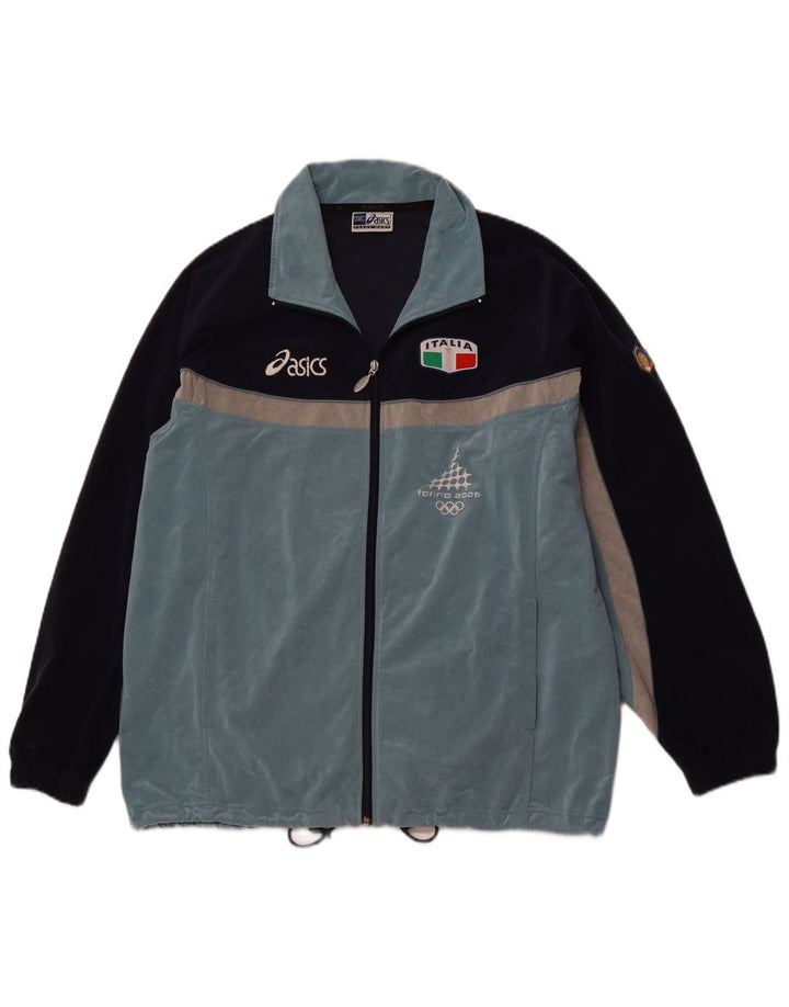 Męska kurtka dresowa ASICS, duża, niebieska, poliestrowa, z blokami kolorów, sportowa