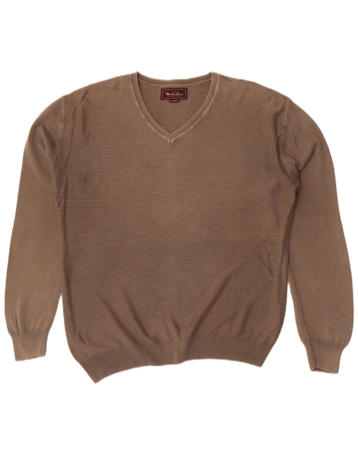 Marlboro Classics Męski sweter z dekoltem w kształcie litery V, XL, khaki, w paski