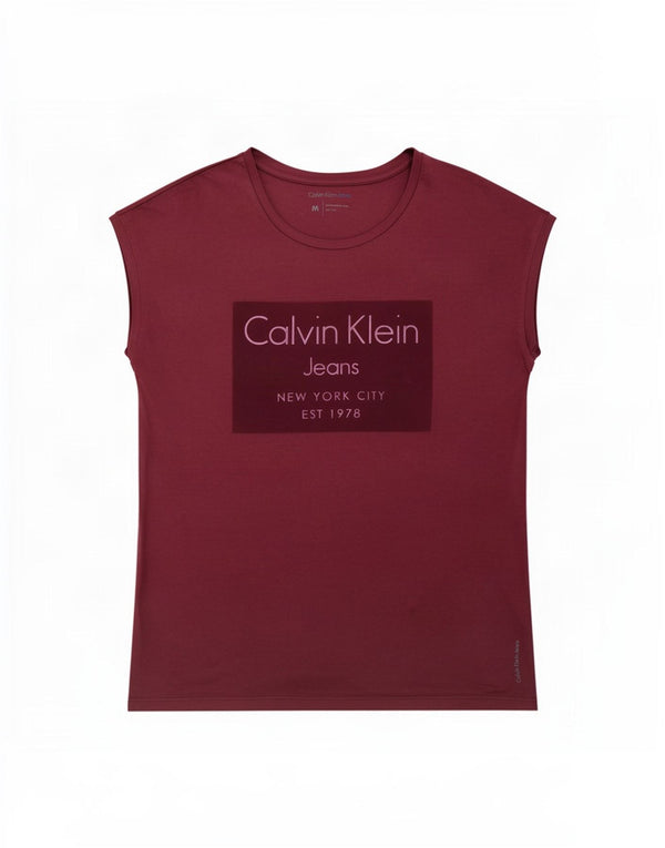 Damska koszulka graficzna Calvin Klein Jeans Top UK 14, średnia, bordowa bawełna