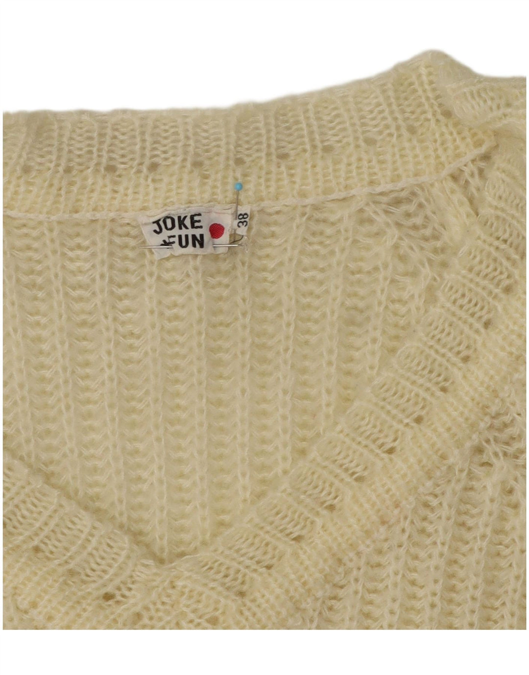 Sweter damski w stylu vintage z dekoltem w szpic, EU 38, średni, złamany biały akryl