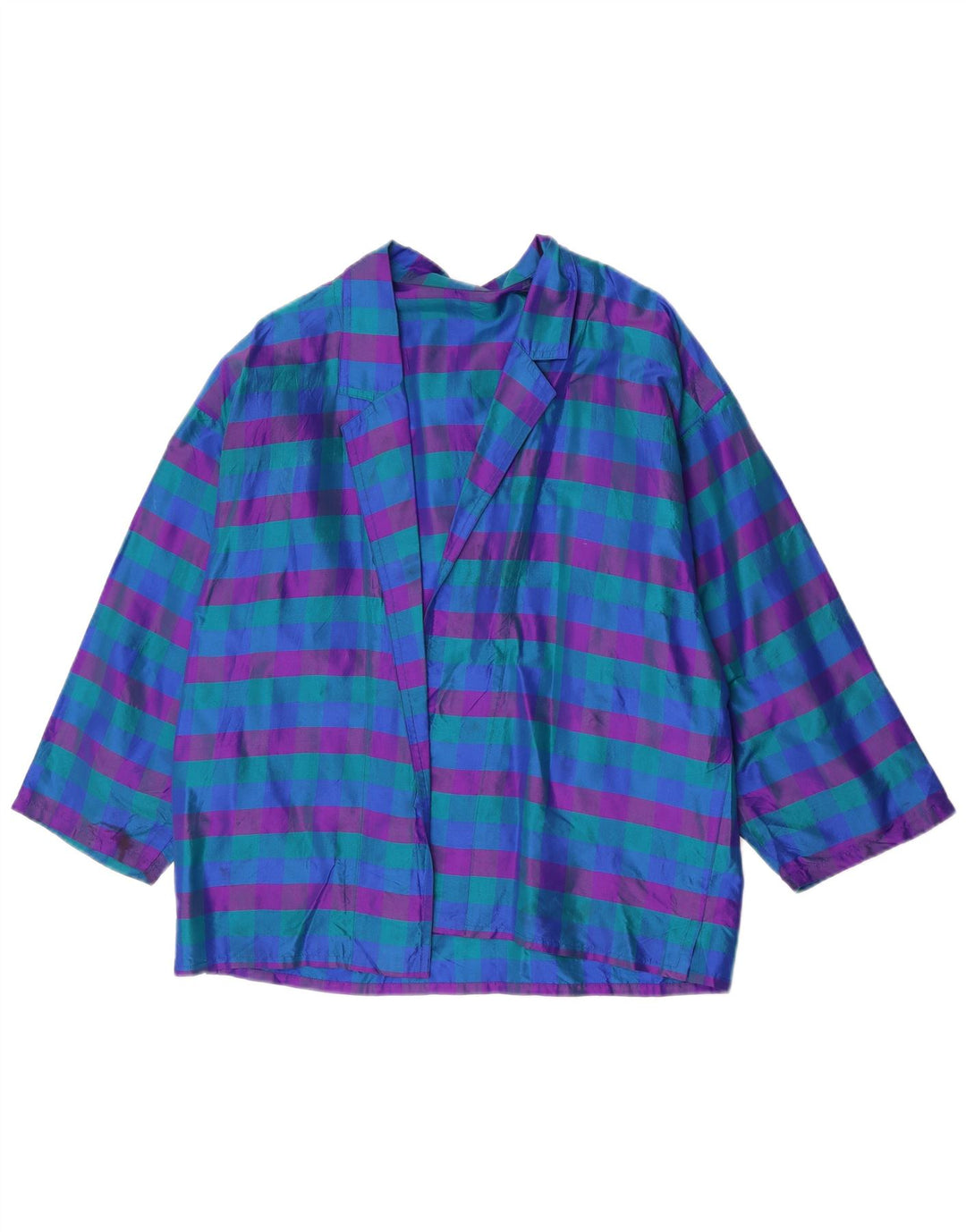 Vintage damska otwarta marynarka UK 14 w średnią niebieską kratkę