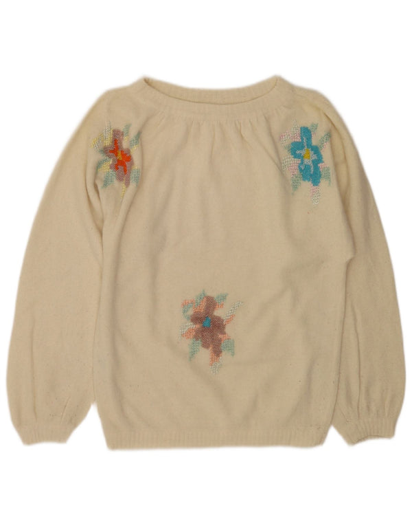 Sweter damski w stylu vintage, z dekoltem w łódkę, UK 12, średni, w kolorze złamanej bieli, w kwiaty