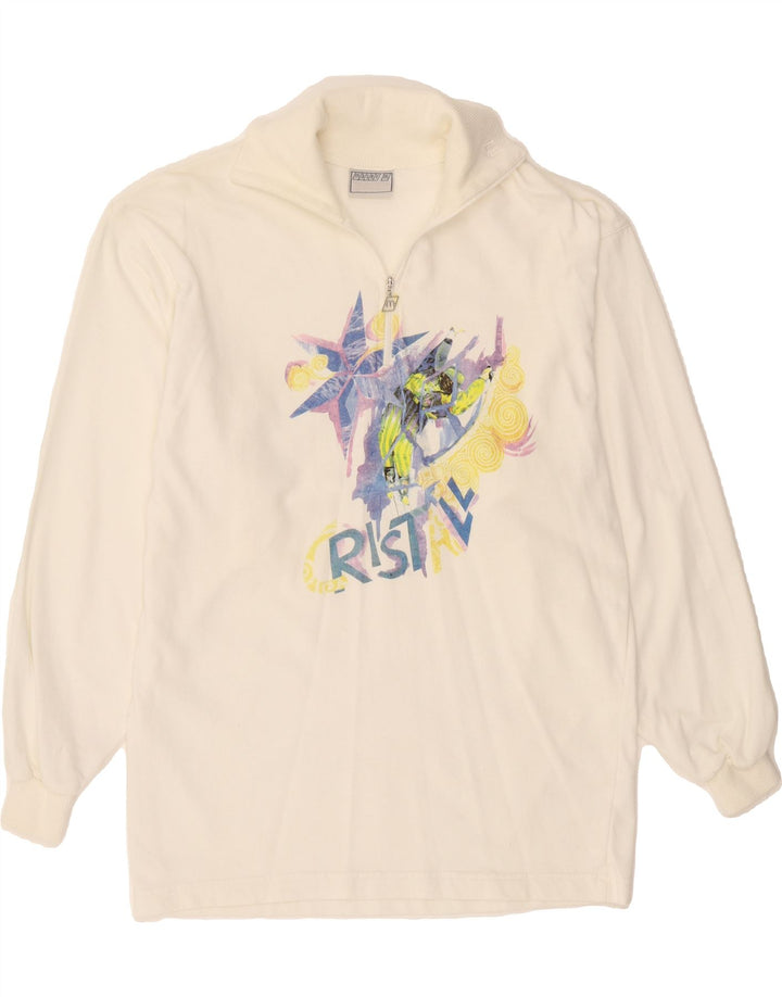 MASER M Womens Graphic Sweatshirt Jumper UK 12 Medium White Cotton Vintage Maser M and Second-Hand Maser M from Messina Hembry 