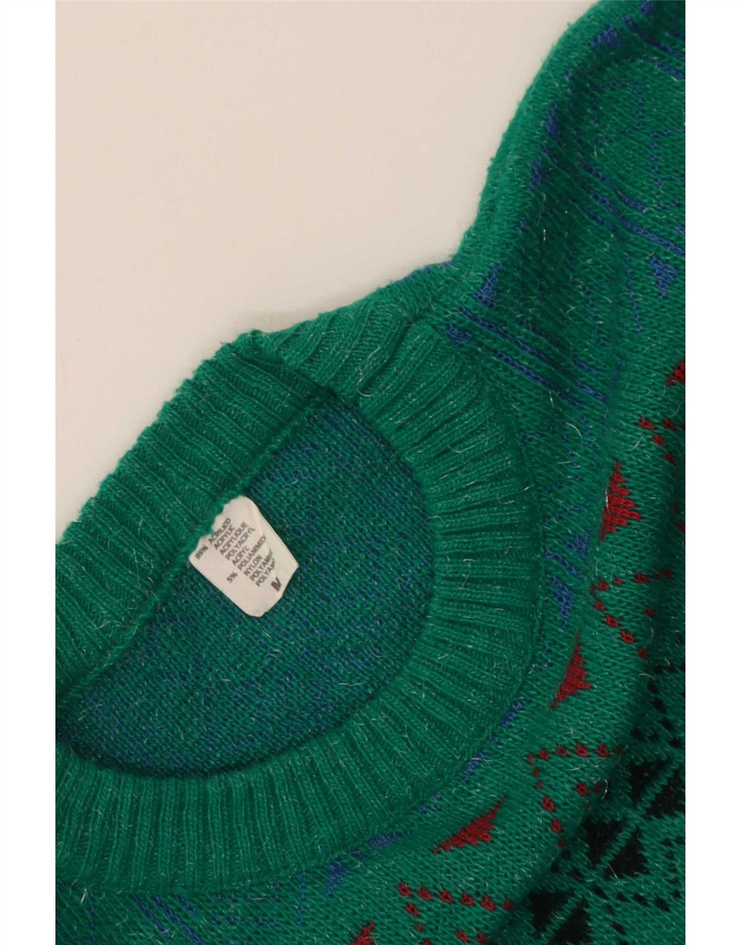 Vintage męski sweter z okrągłym dekoltem, średnio zielony, geometryczny akryl
