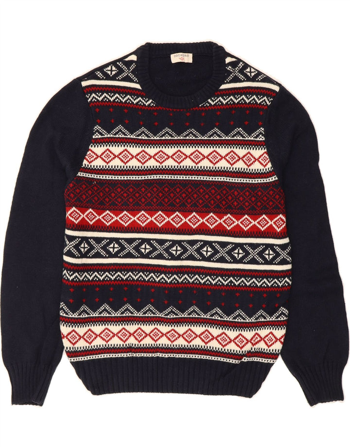 DOCKERS Mens Crew Neck Jumper Sweater Medium Navy Blue Fair Isle Vintage Dockers and Second-Hand Dockers from Messina Hembry 