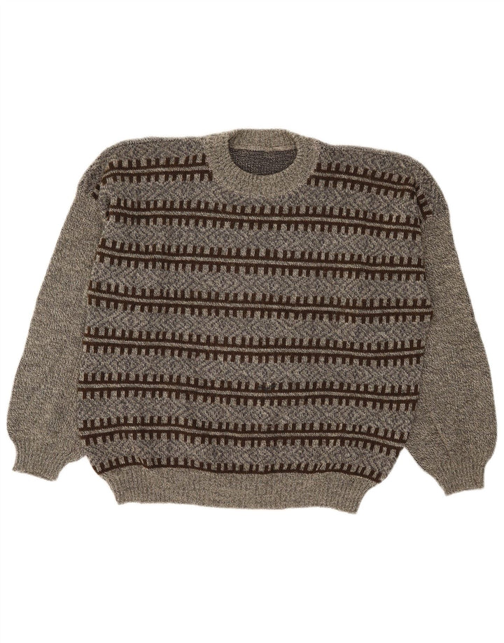 Vintage męski sweter z wycięciem pod szyją, duży, szary, geometryczny