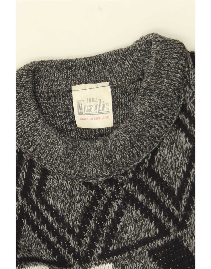Vintage męski sweter z okrągłym dekoltem, średnio szary, geometryczny akryl