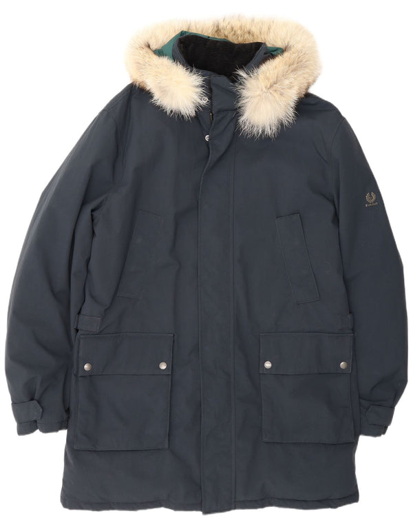 Męska kurtka parka z kapturem Belstaff UK 40, duża, granatowa, nylonowa