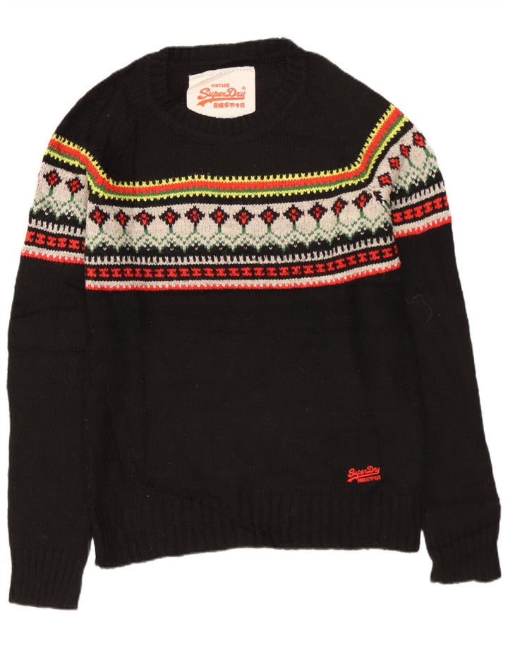 SUPERDRY Męski sweter z okrągłym dekoltem, średni czarny, akryl Fair Isle