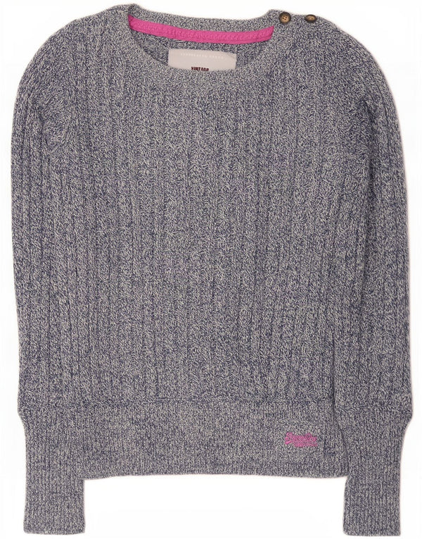 Damski sweter Superdry z dekoltem w łódkę UK 14, duży, niebieski, bawełniany w cętki