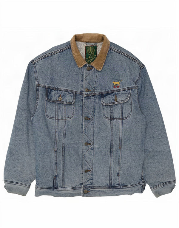 Vintage męska kurtka dżinsowa Sherpa UK 42 XL, niebieska bawełna z blokami kolorów
