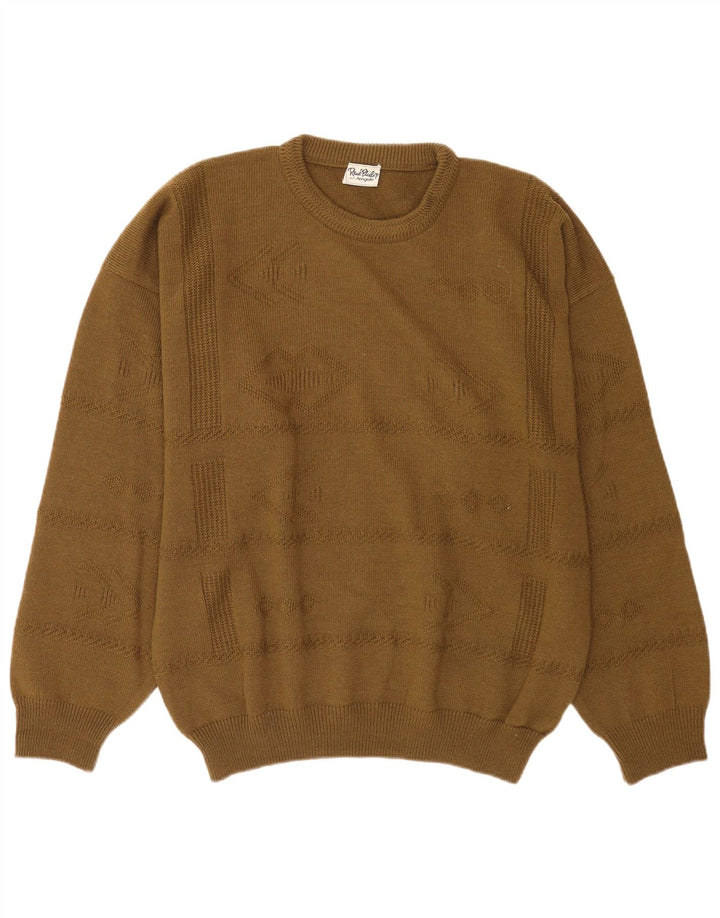 Vintage męski sweter z okrągłym dekoltem XL, wełna khaki