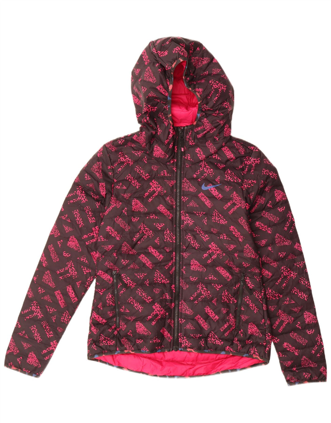 Damska kurtka z kapturem i wyściełaną grafiką Nike UK 10, mała, różowa, geometryczna