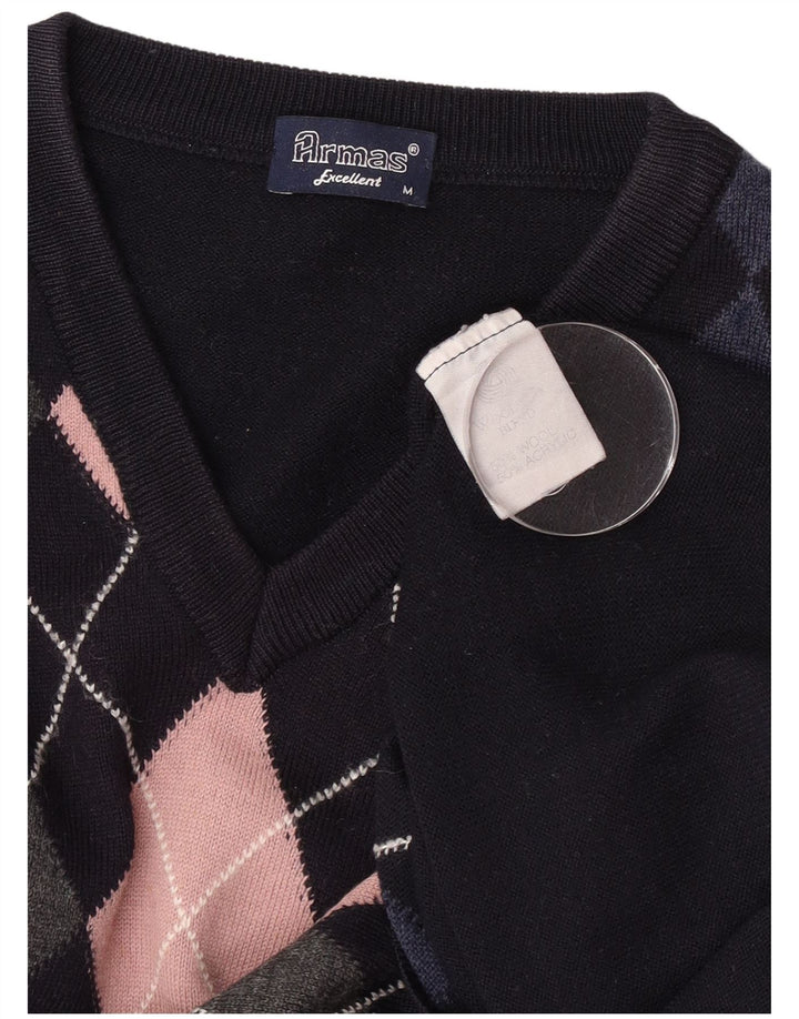 Vintage męski sweter z dekoltem w kształcie litery V, średni granatowy Argyle/diamentowa wełna