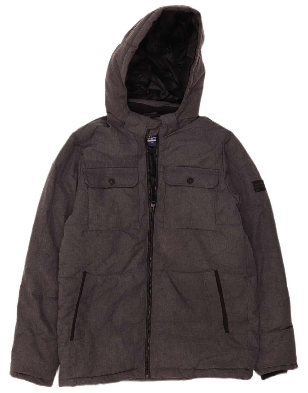 Wyściełana kurtka chłopięca Jack & Jones z kapturem, 15-16 lat, szara, nakrapiana