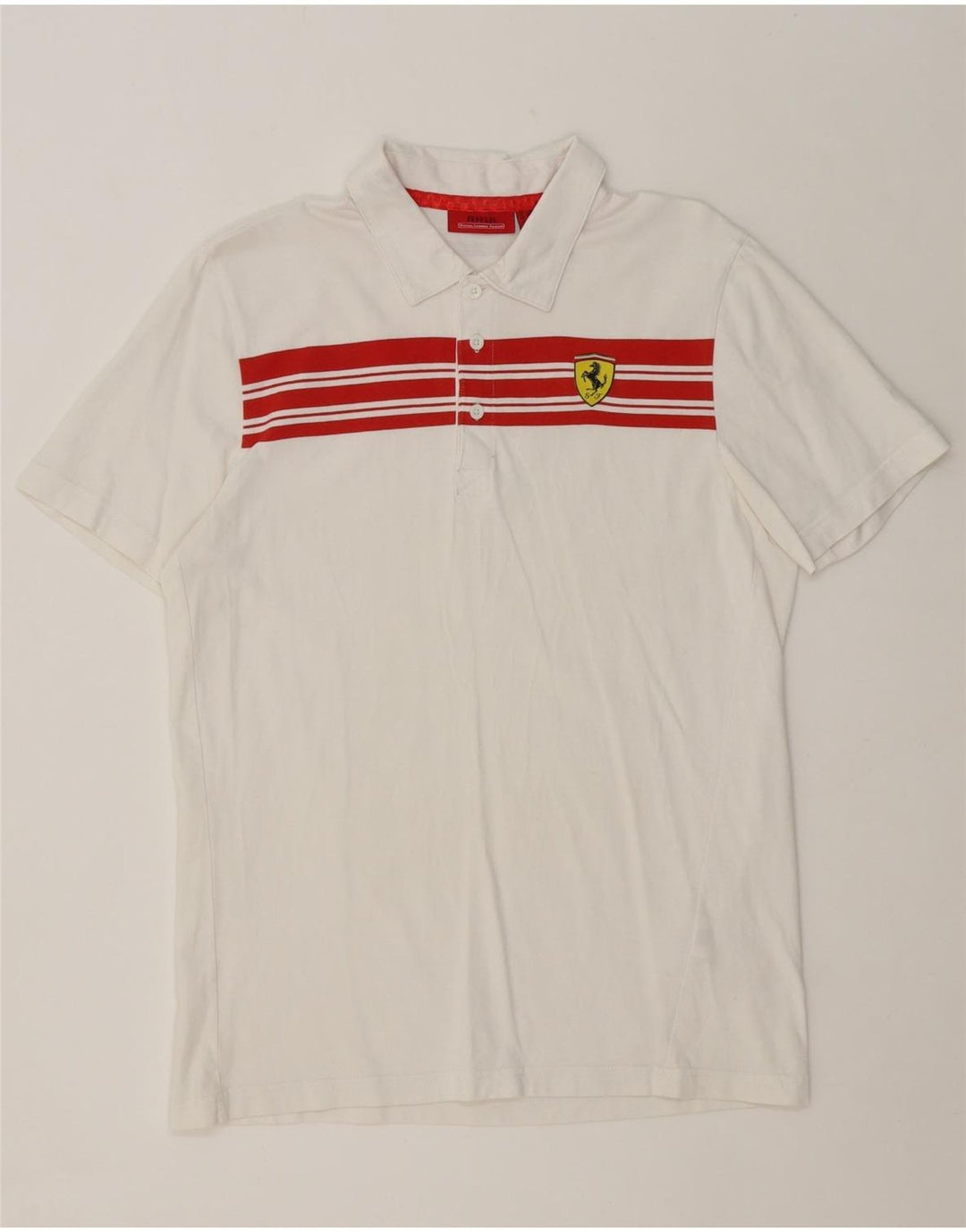 FERRARI Mens Polo Shirt Medium White Striped Cotton Vintage Ferrari and Second-Hand Ferrari from Messina Hembry 