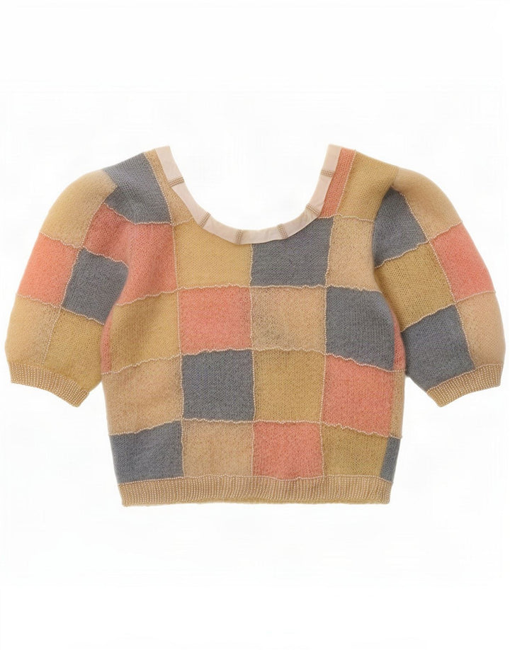 Damski sweter w stylu vintage z dekoltem w kształcie litery V UK 10 Mały wielobarwny patchwork