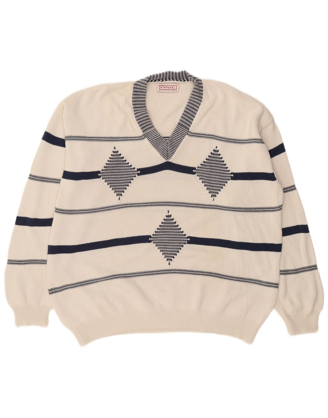 Stefanel Męski sweter z dekoltem w kształcie litery V, XL, biały, argyle/diament
