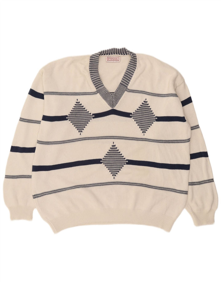 Stefanel Męski sweter z dekoltem w kształcie litery V, XL, biały, argyle/diament