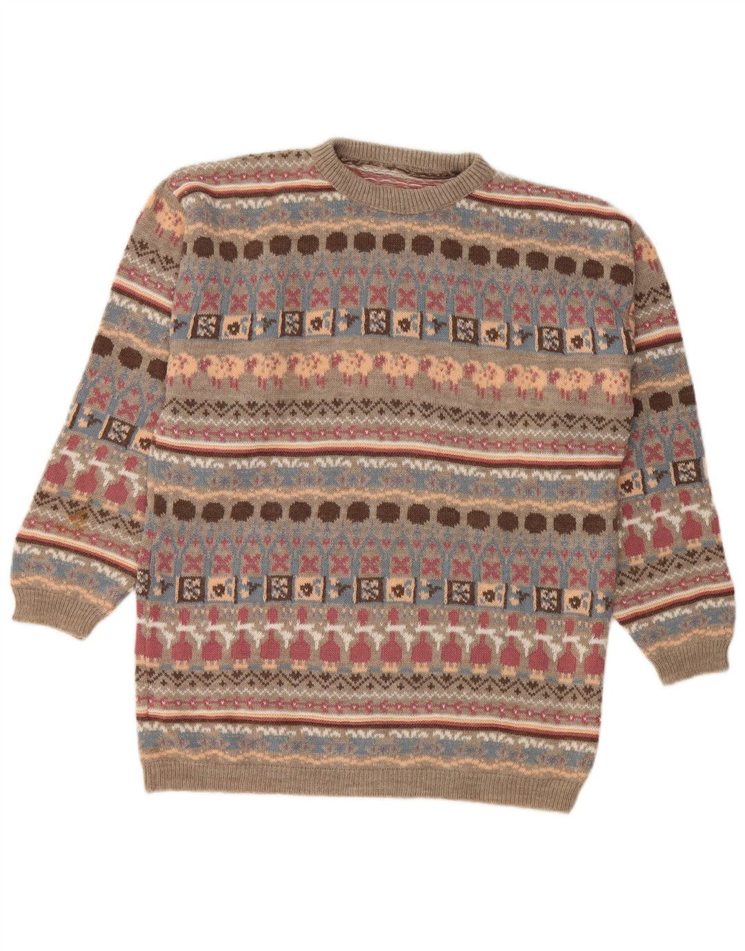Sweter damski w stylu vintage z okrągłym dekoltem UK 14, średni beż, geometryczny