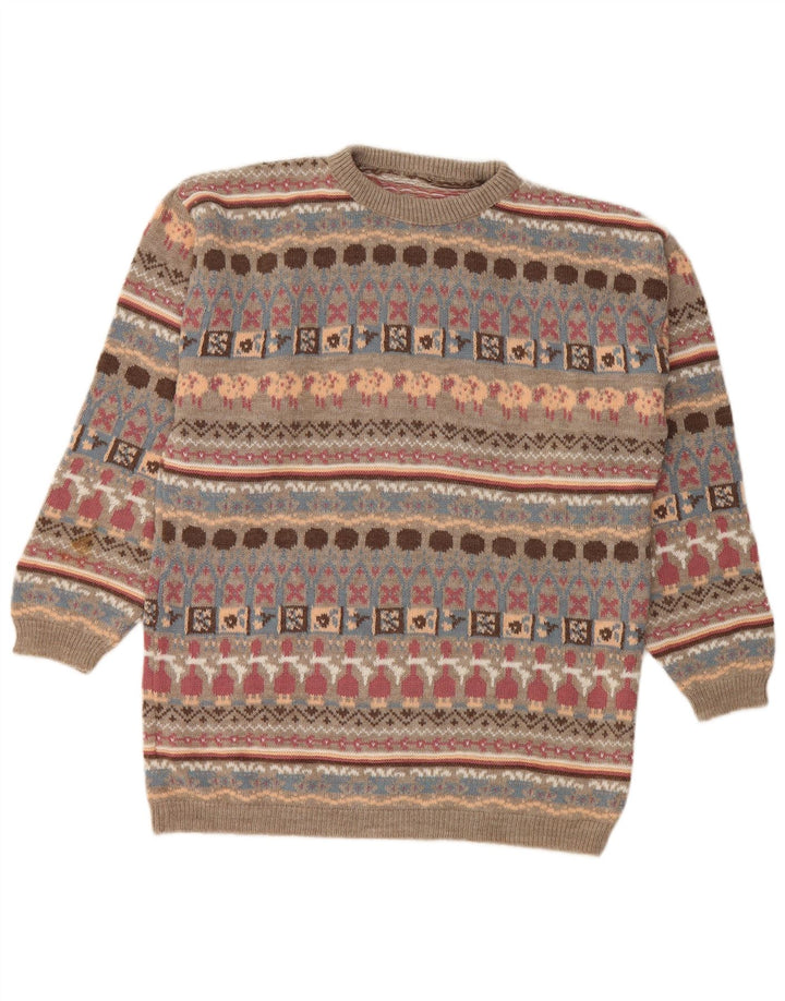 Sweter damski w stylu vintage z okrągłym dekoltem UK 14, średni beż, geometryczny