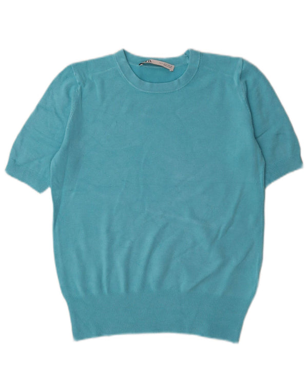 Damski sweter Zara z krótkim rękawem i okrągłym dekoltem UK 10 Small Blue Viscose